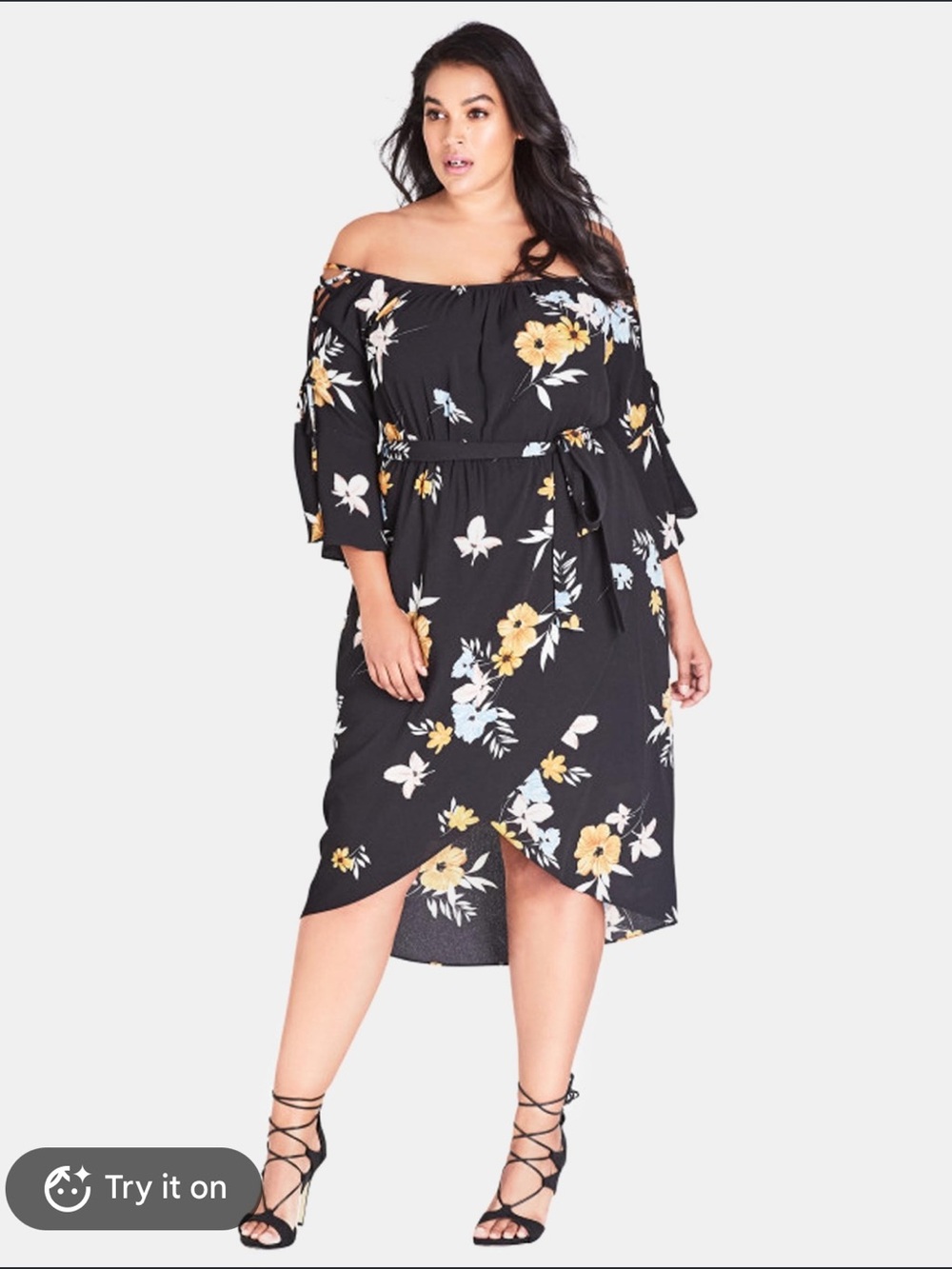 City Chic Black Floral Dress with Yellow & Light Blue Blooms READ DISCRIPTION